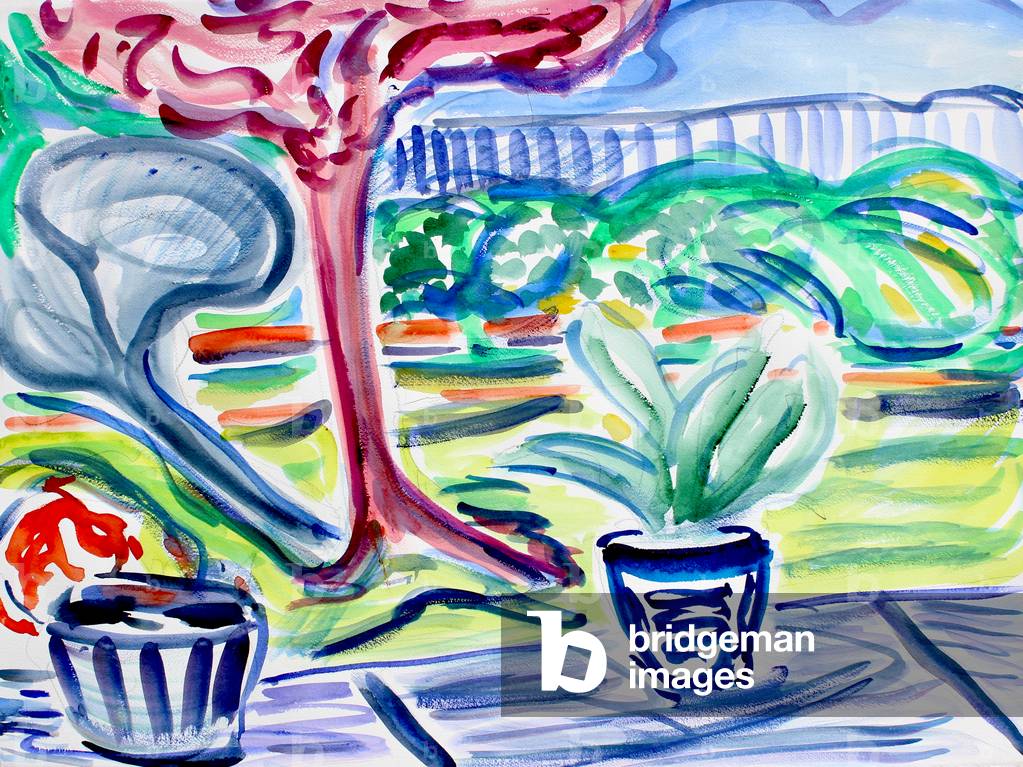 Backyard with Plum Tree, 2020, (watercolor on paper)