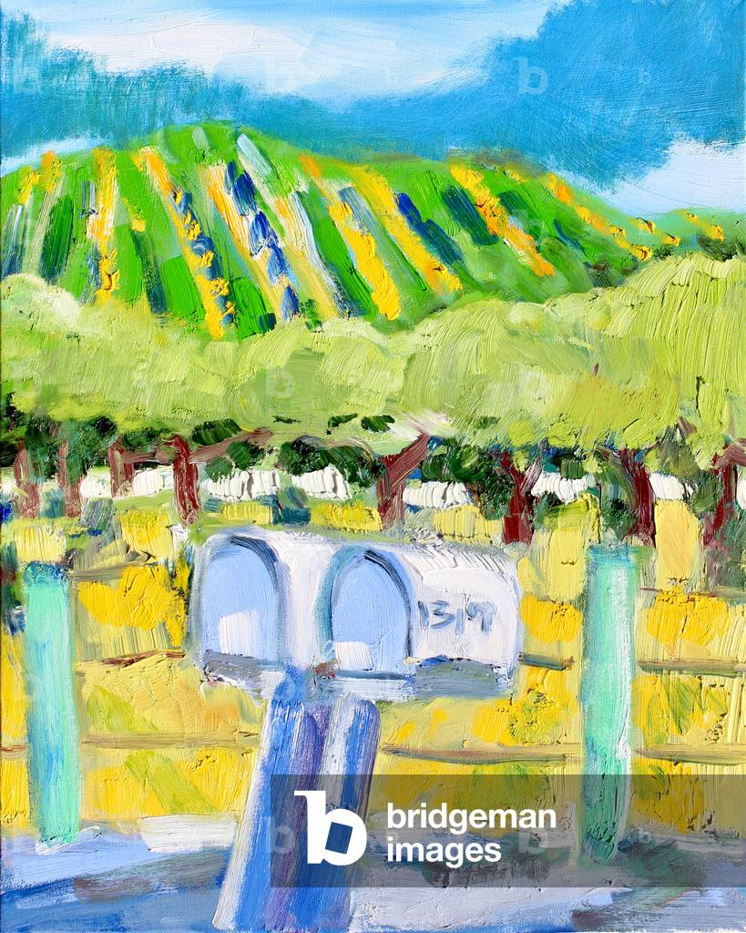 Mailboxes and Vineyard, Napa, 2019, (oil on canvas)