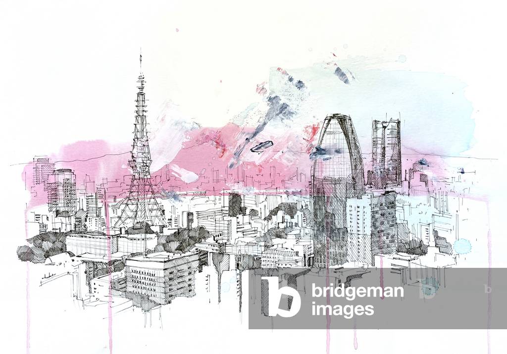 Cherry Blossom Tokyo, 2020 (mixed media on paper)