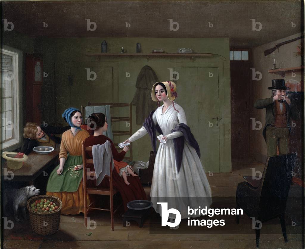 Woman Handing Out a Tract in an Inn (oil on canvas)