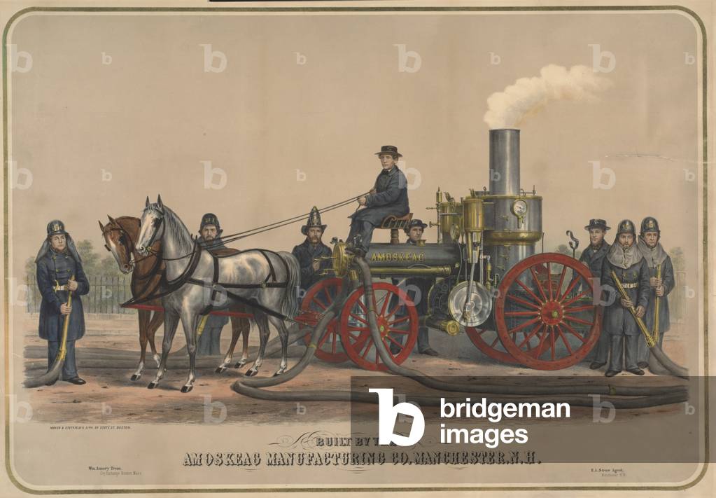 Advertisement for a fire engine built by 'Amoskeag & Co.' 1861 (chromolitho)