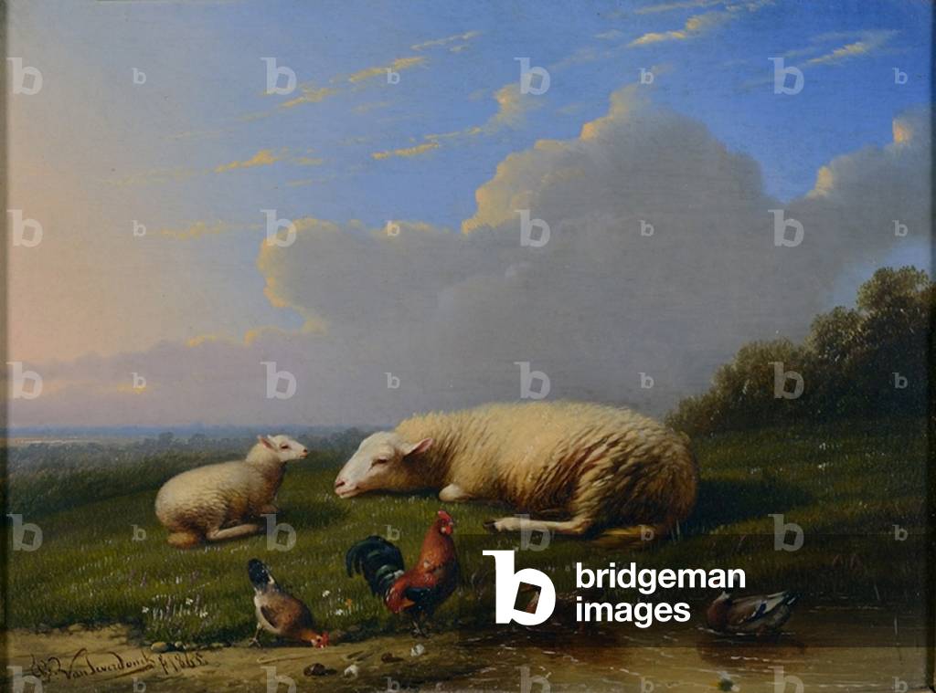 Landscape with sheep and fowl, c.1865 (oil on panel)
