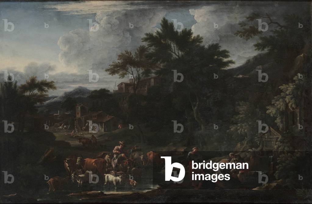 Landscape with cattle and travellers, c.1650-80 (oil on canvas)