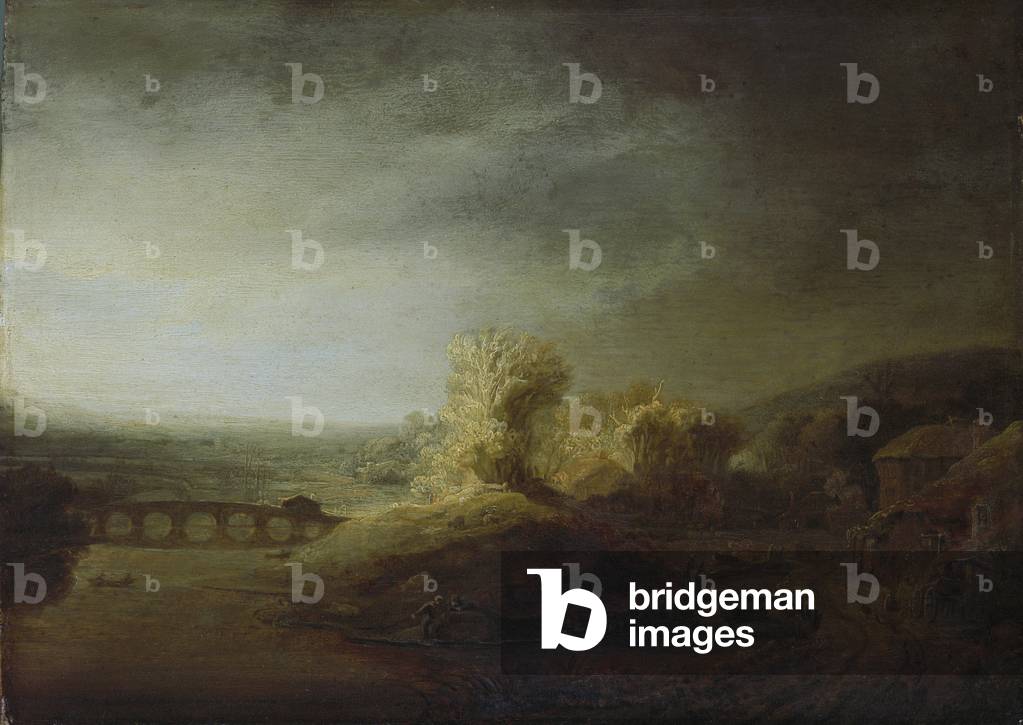 Landscape with Arched Bridge (oil on wood panel)