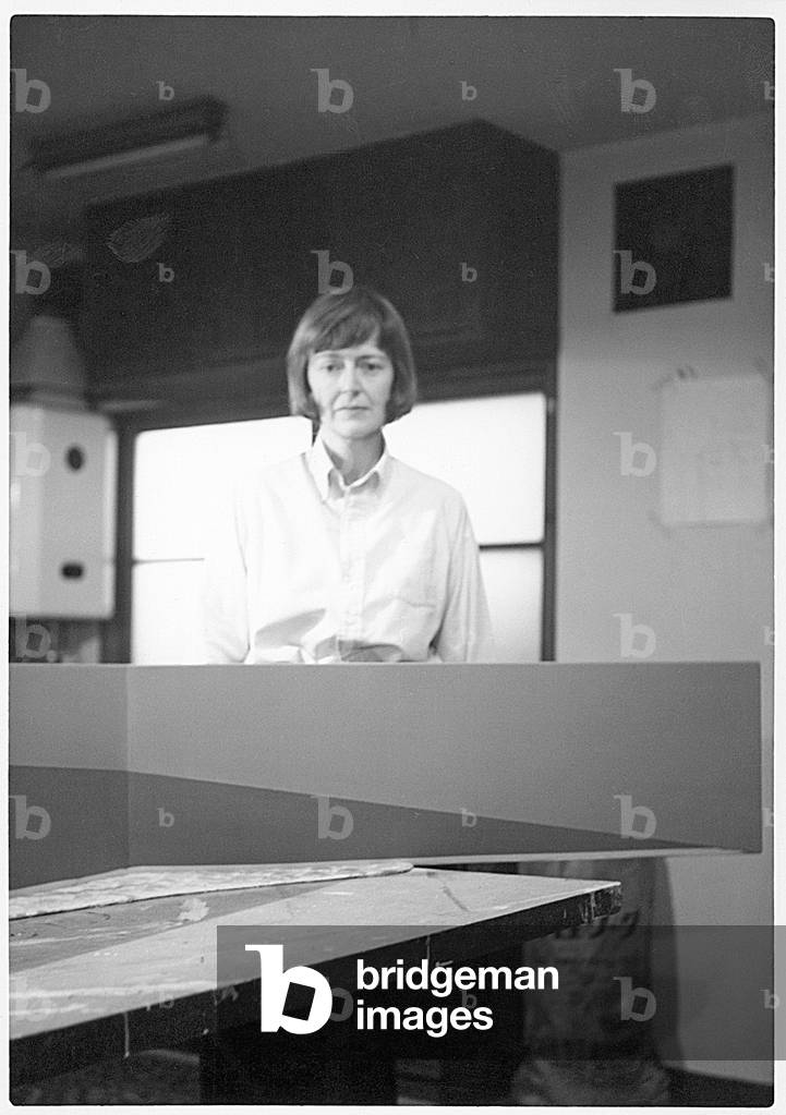 Anne Truitt in Otowa Studio, standing behind 'Sweet Wind' (photo)