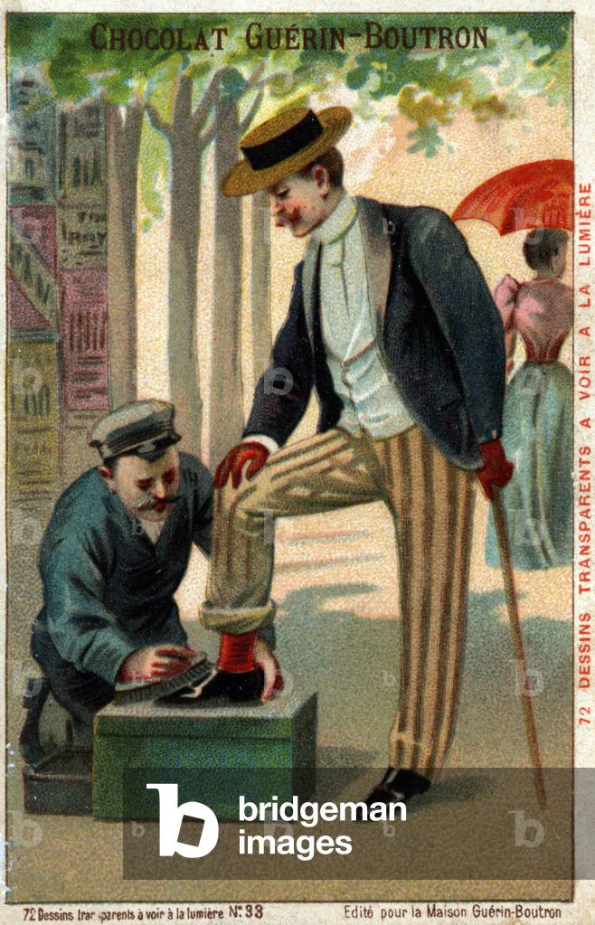 Street metier: shoe shoeshine and his client. Chromolithography (Chromo engraving). Private collection.
