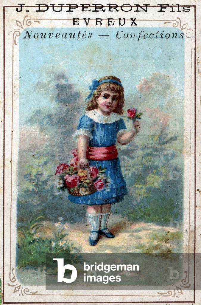 A girl has the countryside with a basket of flowers. Chromolithography (Chromo engraving). Private collection.