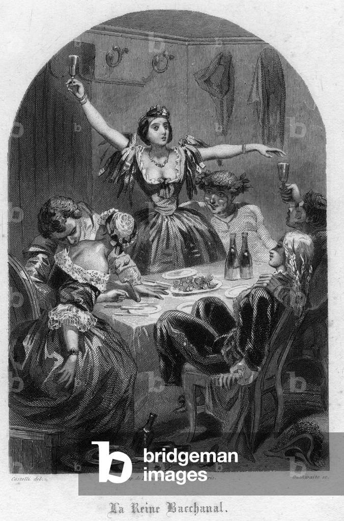 The Bacchanal Queen: a woman toasts with a drink in a place of debauche.