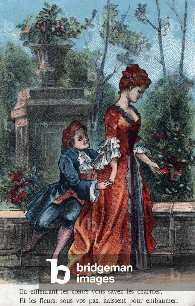 A young man's declaration of love has a woman who turns her back by stroking flowers. Chromolithography, circa 1900. Private Collection