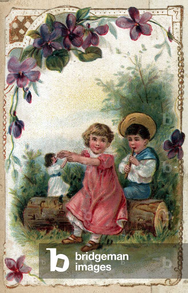 A little girl makes her doll dance while a boy in a sailor's costume plays flute sitting on a tree trunk. The engraving is surrounded by flowers. Chromolithography (Chromo). Private collection.