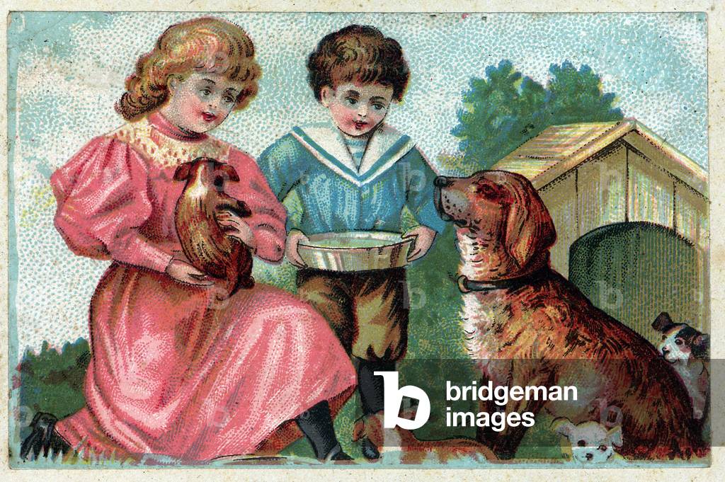 Two kids taking care of a dog who just had babies. Chromolithography (Chromo engraving). Private collection.