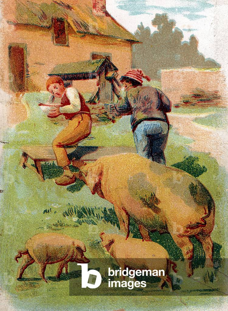 Farm yard: two boys away from pigs to eat. Chromolithography (Chromo engraving). Private collection.