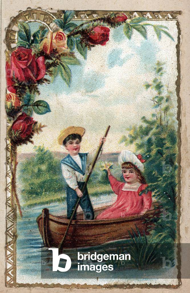 A young girl and a boy in a sailor's suit on a boat in a river. Engraving surrounded by roses. Chromolithography (Chromo). Private collection.