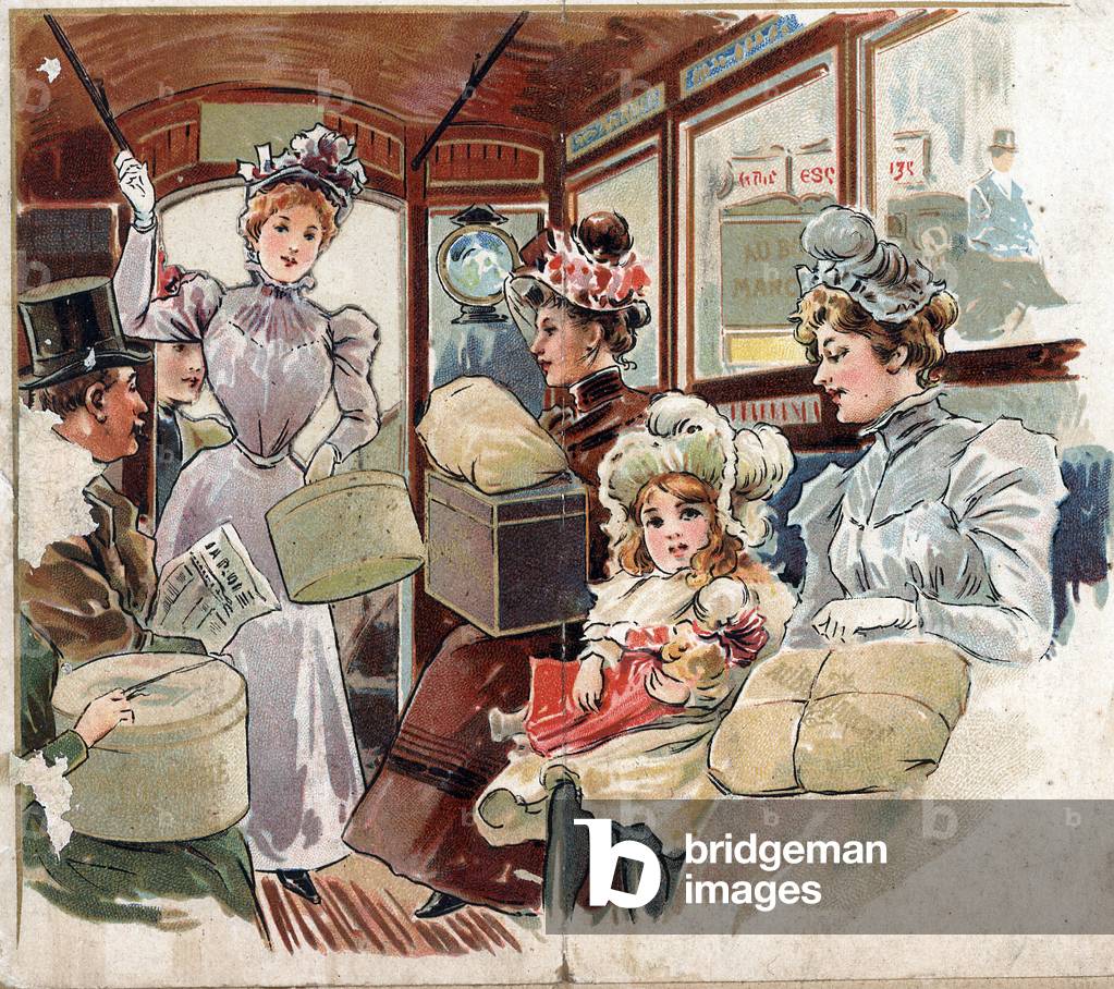 Travellers in an omnibus. Chromolithography (Chromo engraving). Private collection.