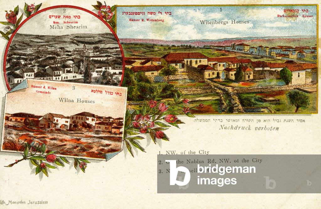 Jerusalem, c. 1898, showing Jewish areas of Mea She'arim, Rabbi  Moshe Wittenberg's Houses, Vilna  Wilna houses.