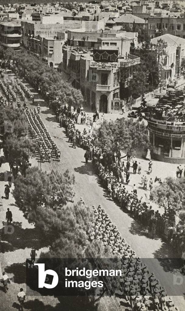 British troops marching through Tel-Aviv, Palestine