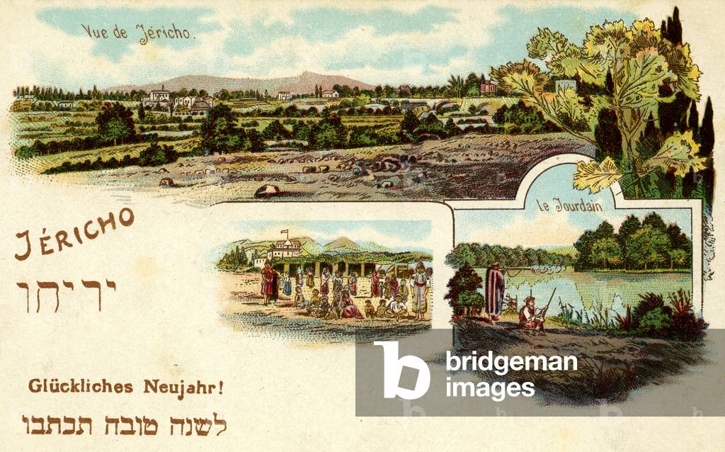 Jericho, with views of the River Jordan, new year's  greetings postcard, late 19th - early 20th century