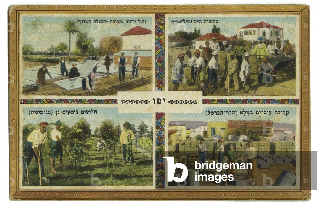 Jaffa - groups of pioneers in different pioneering attitudes, colour scenes