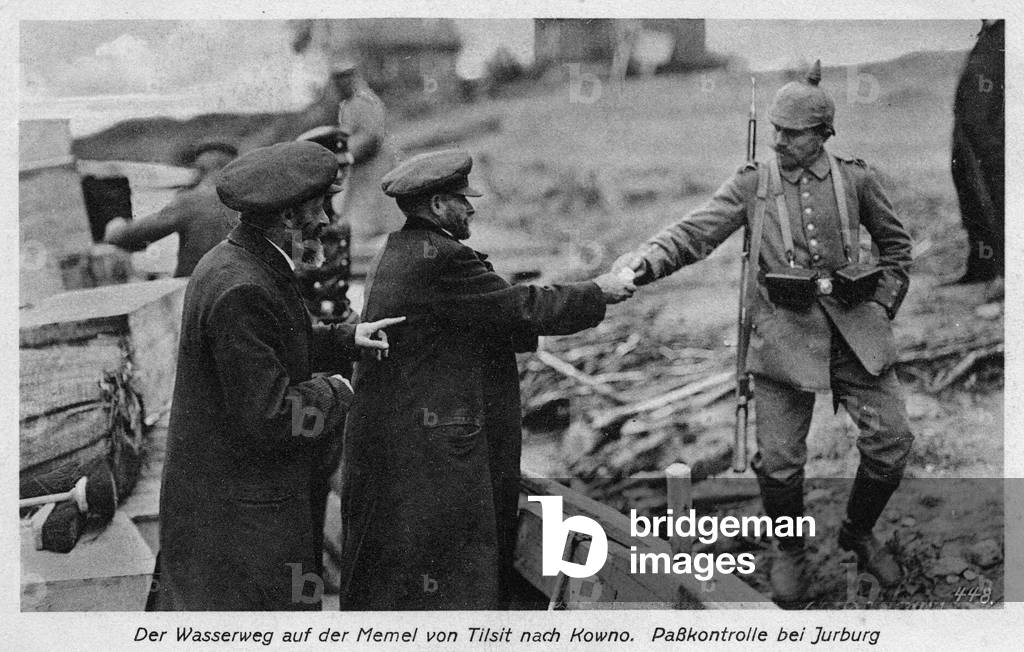Passport control at Jurburg by occuping German army at the waterway on the Memel at Tilsit to Kovno