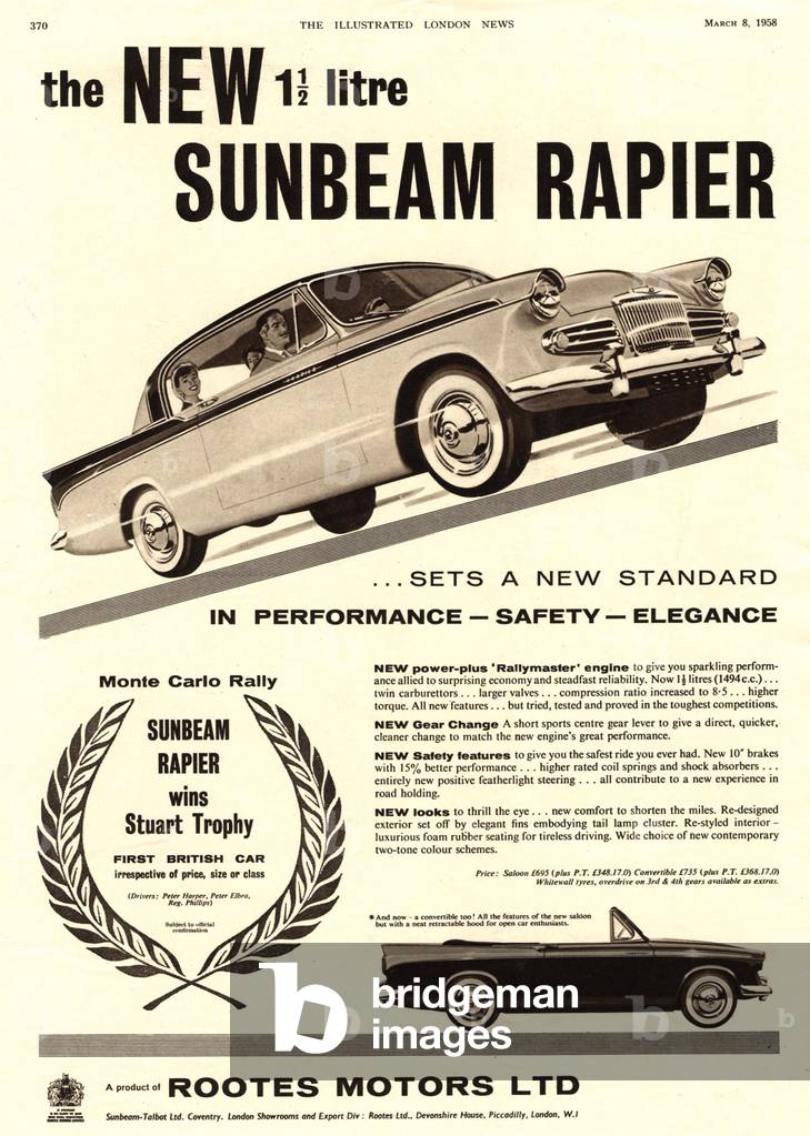 sunbeam rapier cars, 1950s (print)