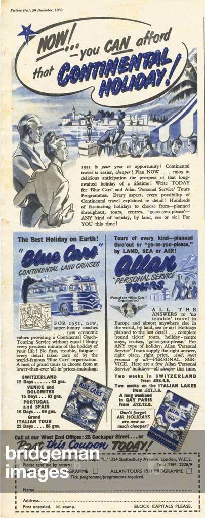 Coach Tours Magazine, advert, UK, 1950s