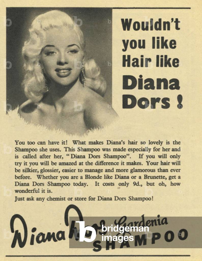 Diana Dors Gardenia Shampoo Magazine, advert, UK, 1950s