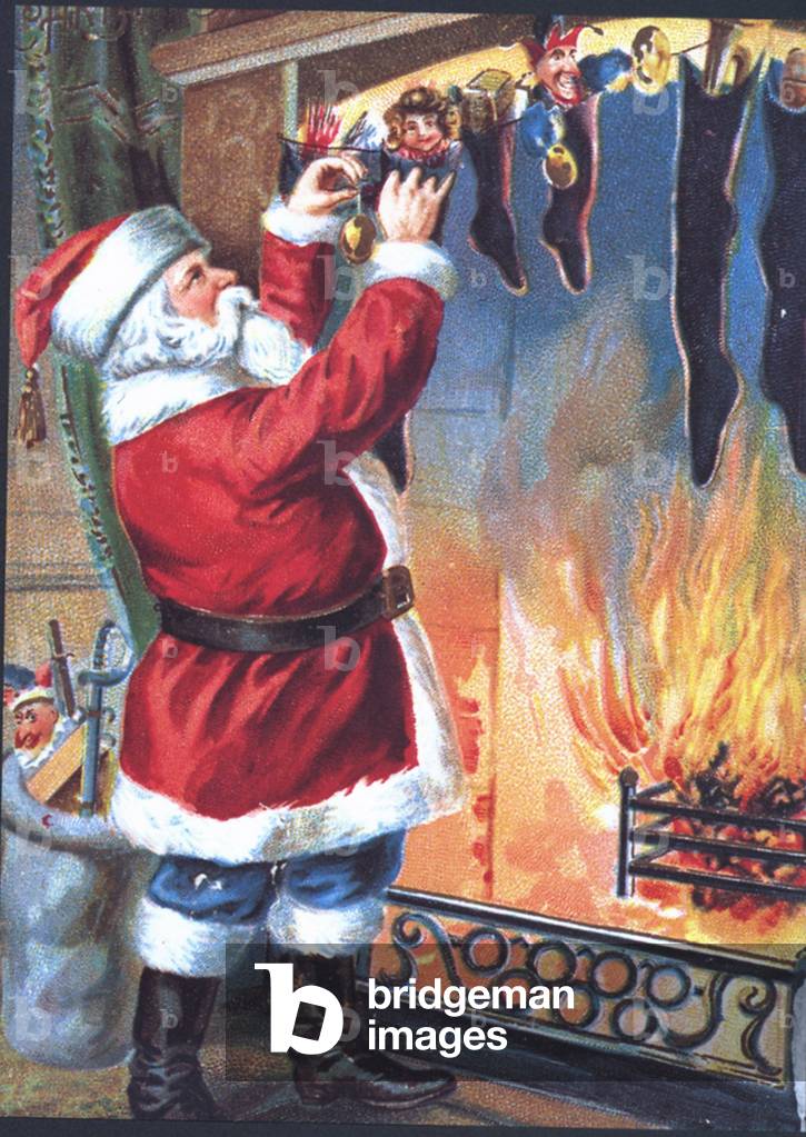 Santa filling Stockings Greetings Card, USA, 1920s