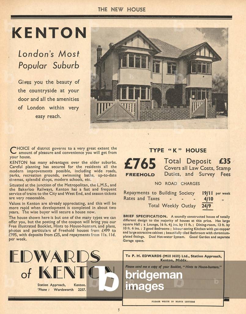 New Homes in Kenton Magazine, advert, UK, 1930s