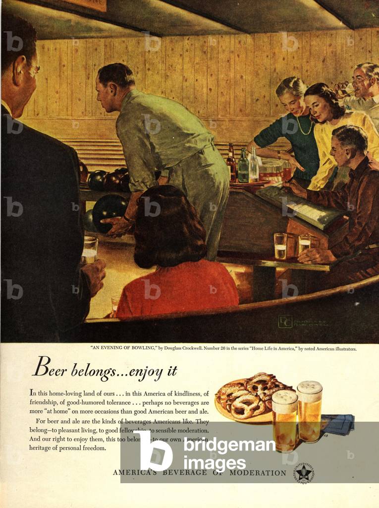ten pin bowling beer alcohol, 1940s (print)