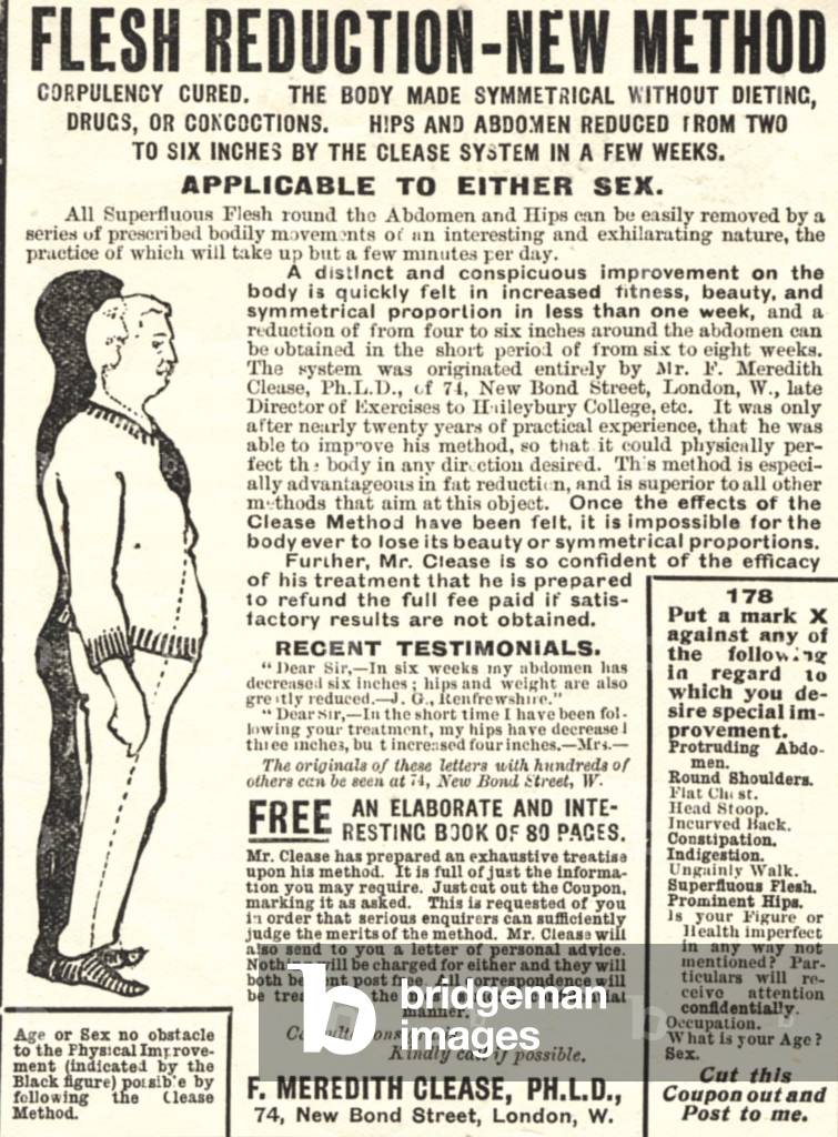 flesh reduction clease system fat diets, UK, 1930s, (print)