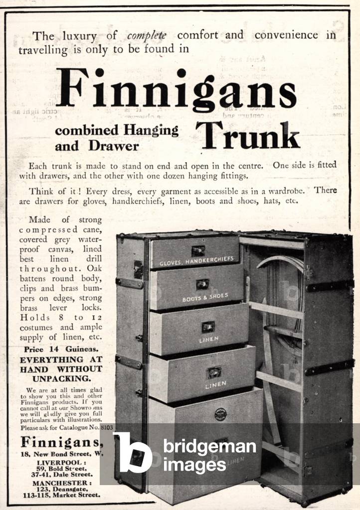 Finnigans Trunks Magazine, advert, UK, 1910s