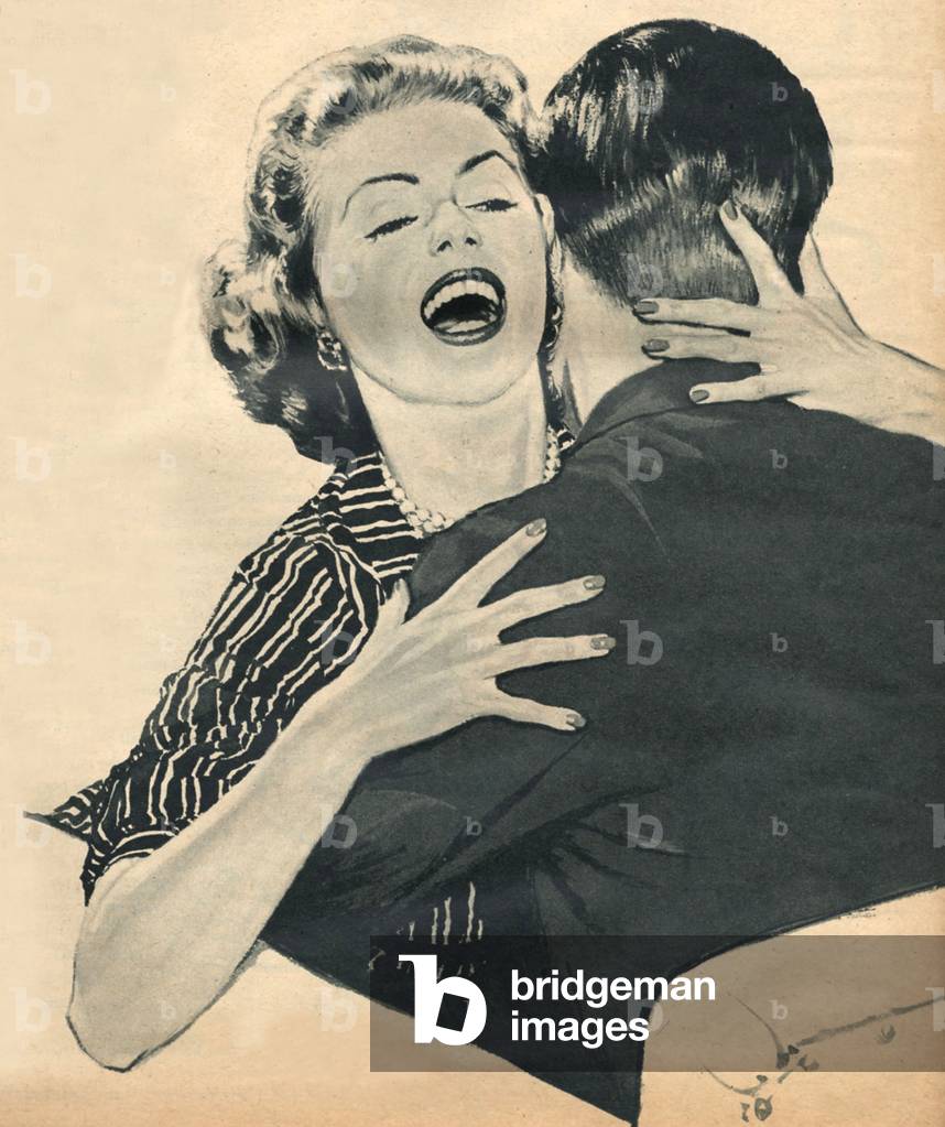 Laughing woman being hugged, Magazine Plate, UK, 1950s