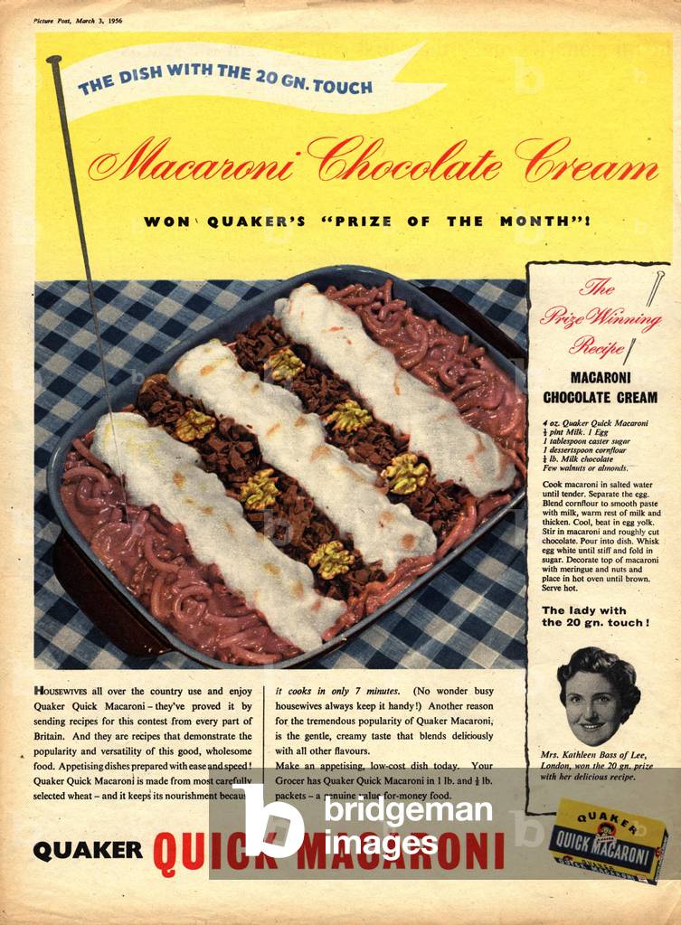 macaroni chocolate, UK, 1950s, (print)