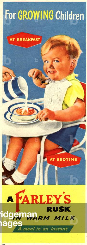 babies farleys farley's rusks baby food eating, 1950s (print)