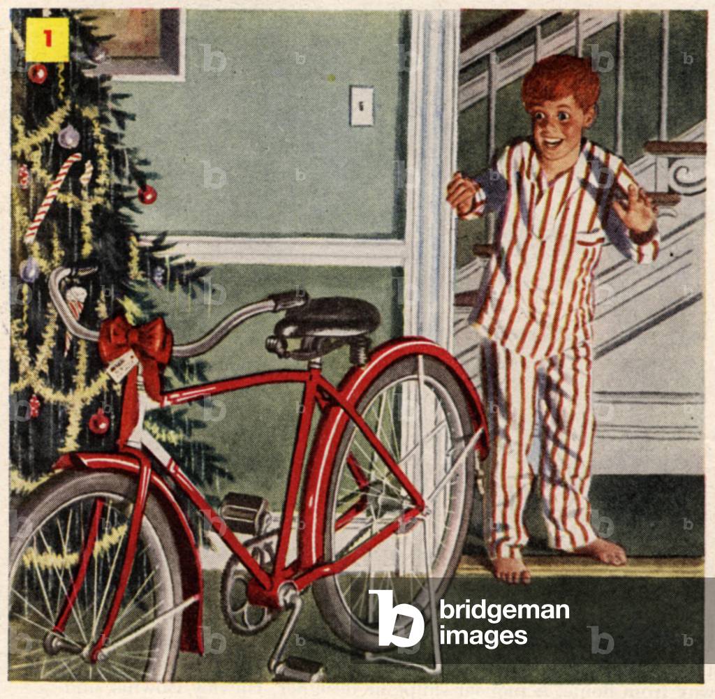 Boy Discovering New Red Bicycle on Christmas Morning, Magazine, advert (detail), USA, 1950-53
