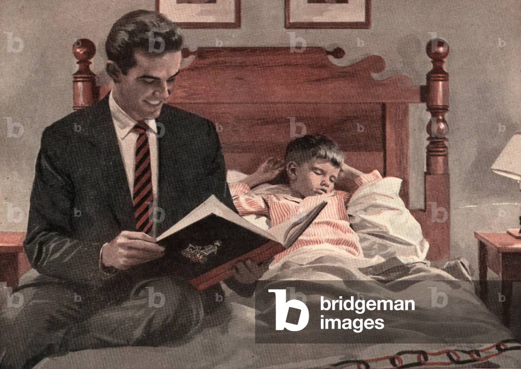 Father reading Bedtime Story Magazine, advert (detail), USA, 1940s