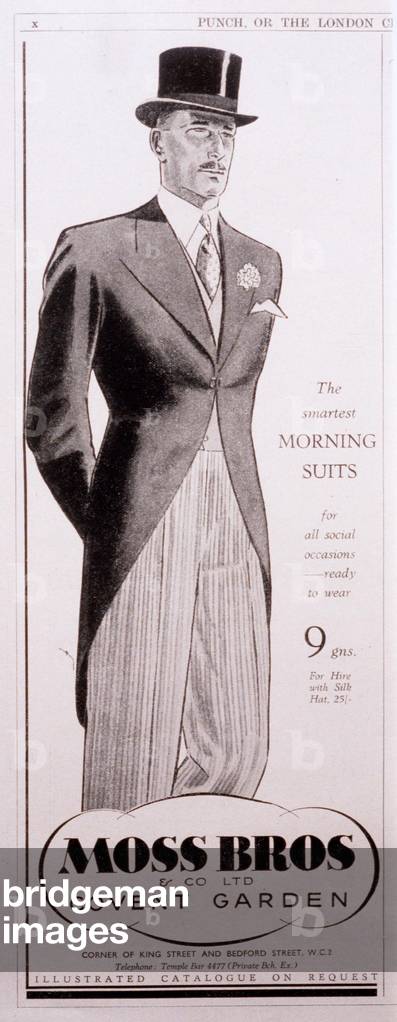 mens moss bros city gent suit top hats, UK, 1930s (print)