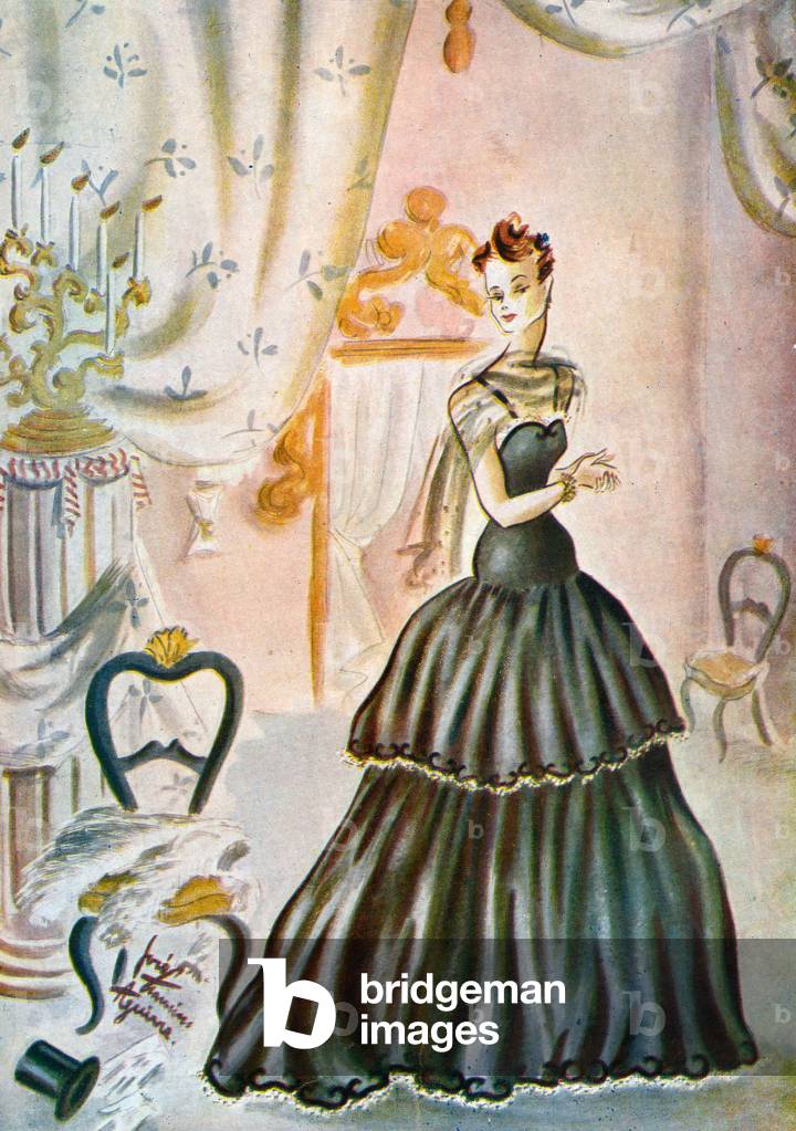 French Fashion Evening Dress, Magazine Plate, France, 1940s