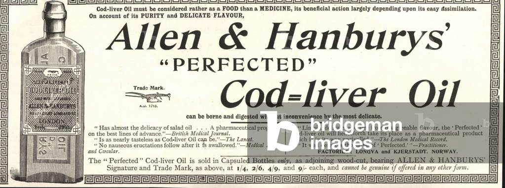 allen and hanburys cod liver oil vitamins medical medicine, UK, 1900s (engraving)