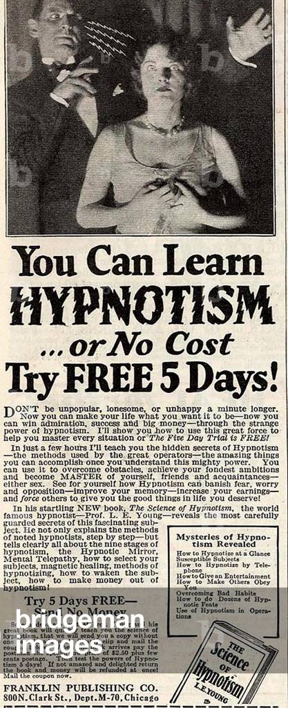 Hypnotism Book Magazine Advert, USA, 1920s