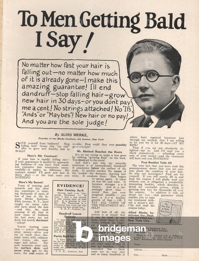 Baldness Magazine, advert, UK, 1920s