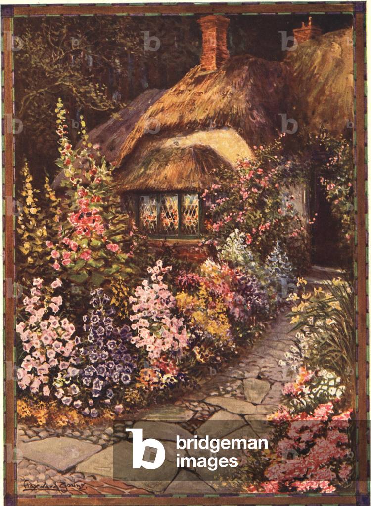 cottages flowers gardens, 1930s (print)