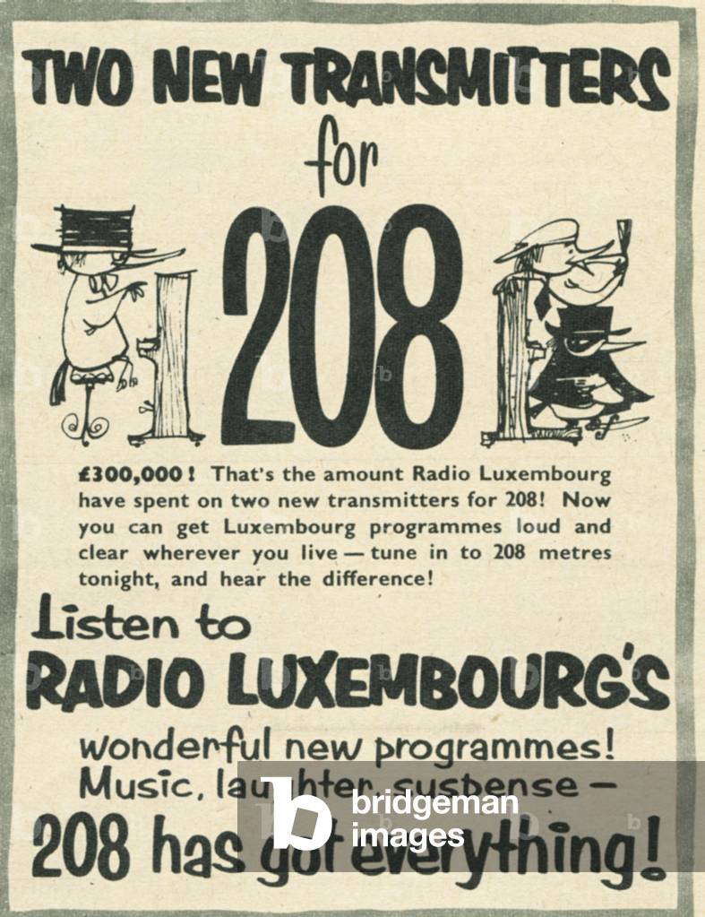 radio luxembourg 208 stations, 1950s (print)