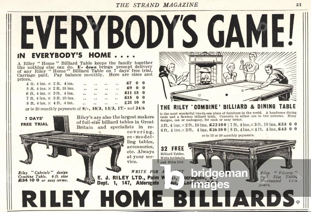 rileys snooker billiards, UK, 1920s, (print)