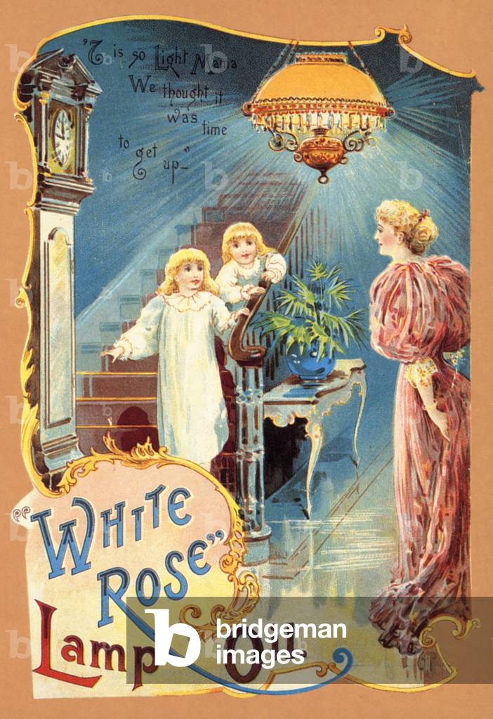 Advertising for White rose lamp oil, UK, 1880s (print)