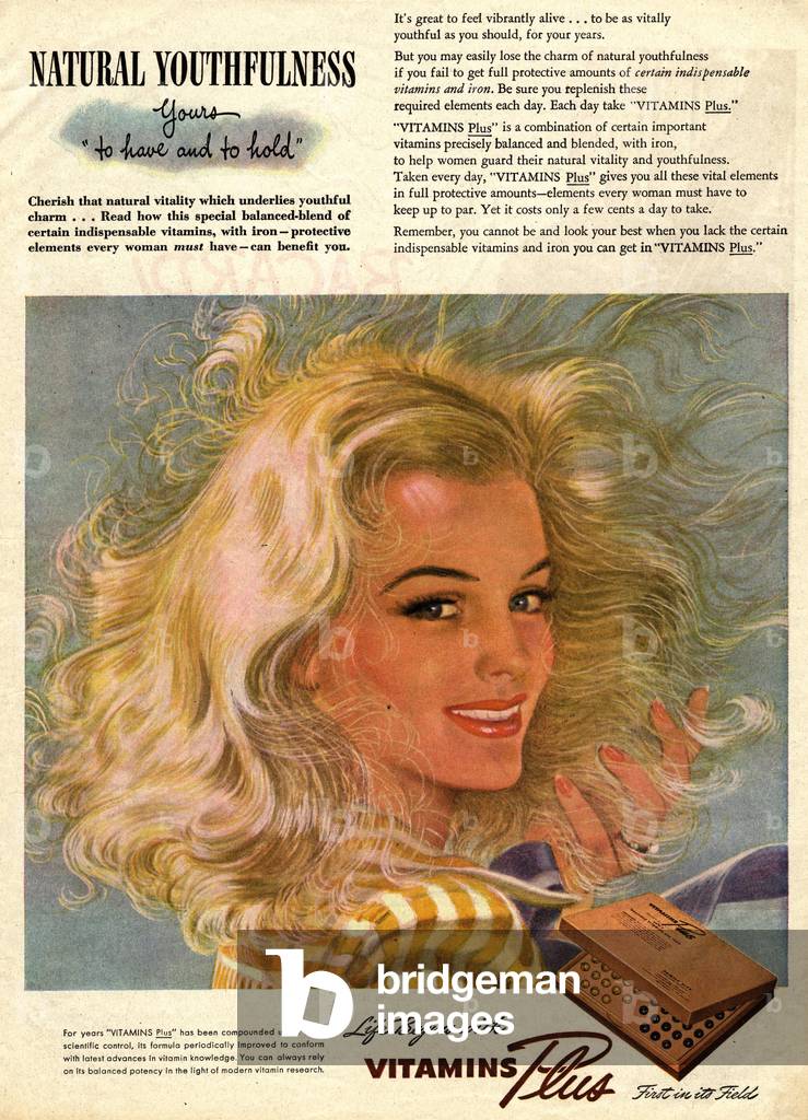vitamins ageing vitality self improvement, UK, 1950s (print)