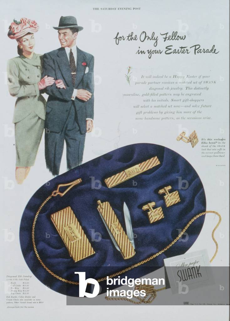 USA: swank mens cuff links penknives clothing clothes, 1947 (print)