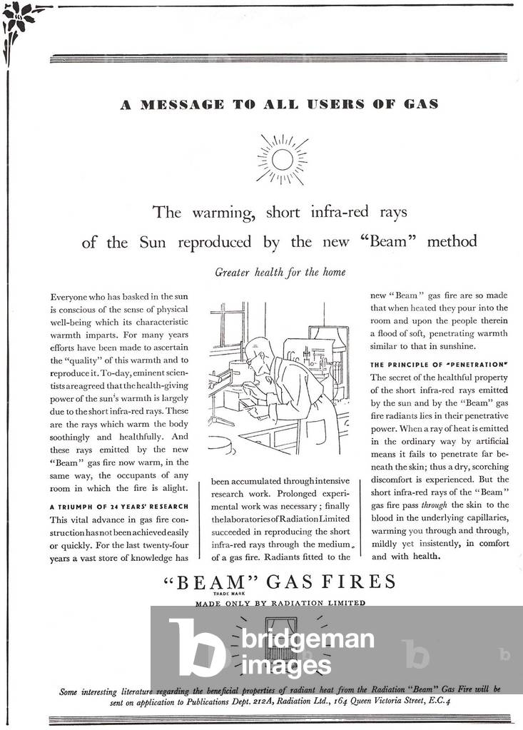beam gas fires radiation ltd heating, UK, 1930s, (print)