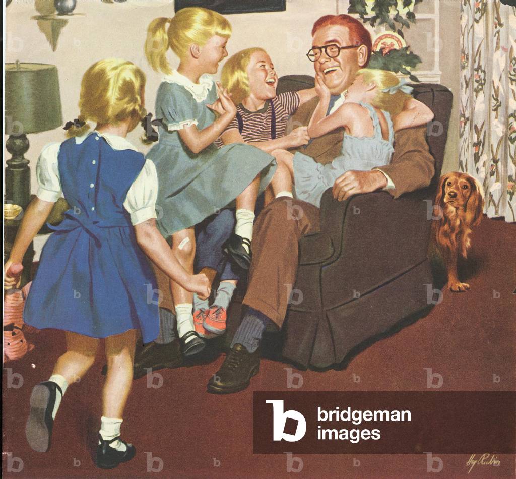 Daughters Hugging Father Magazine Plate, USA, 1950s