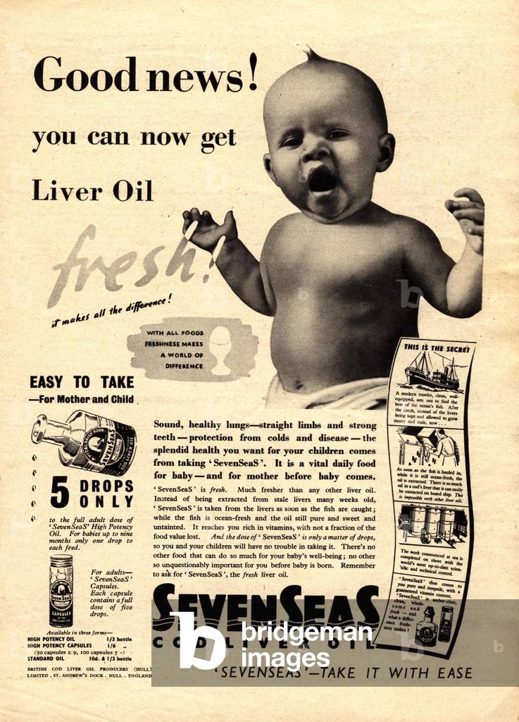 babies cod liver oil, 1930s (print)
